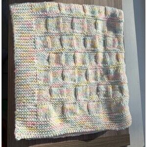 Hand Knit Pastel Baby Blanket Pink White Yellow Green 27x 30